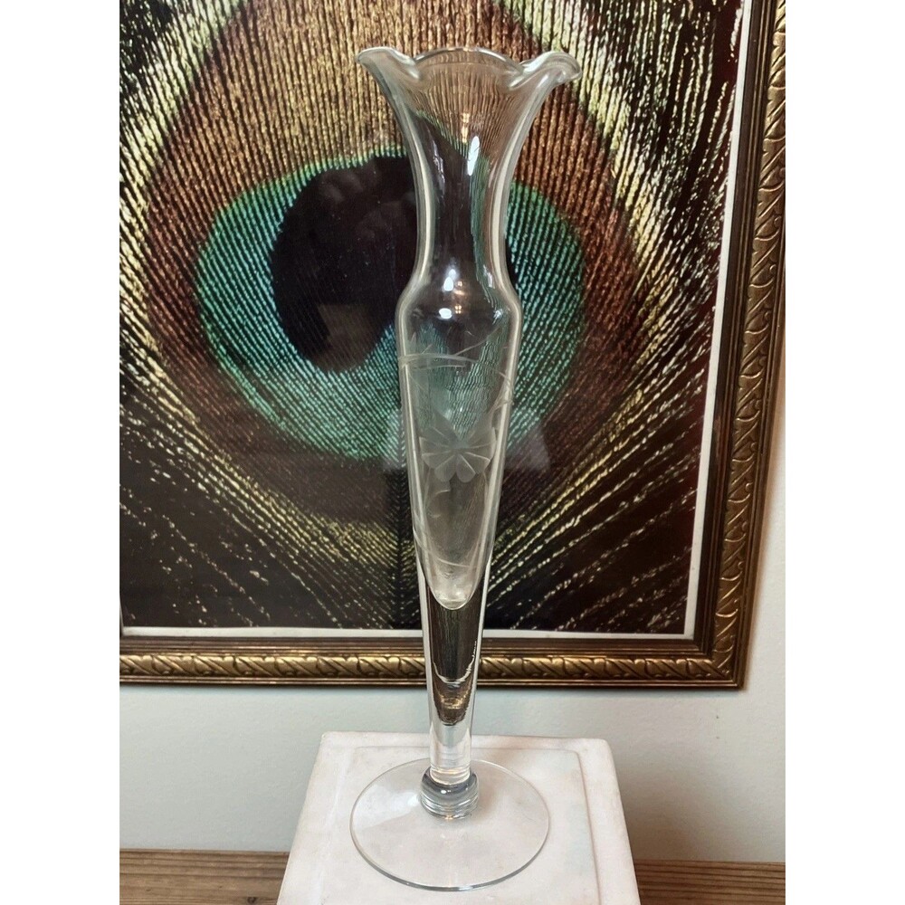 Vintage Princess House Heritage 8.5” Bud Vase Fluted Edge Etched Flowers